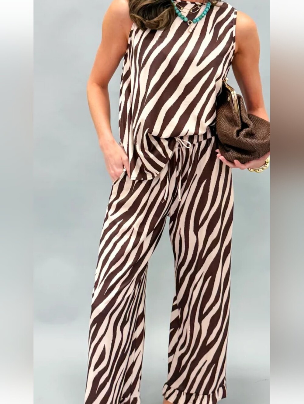 Sleeveless Zebra-Stripe Wide Leg Top & Pant Set in Brown & Cream